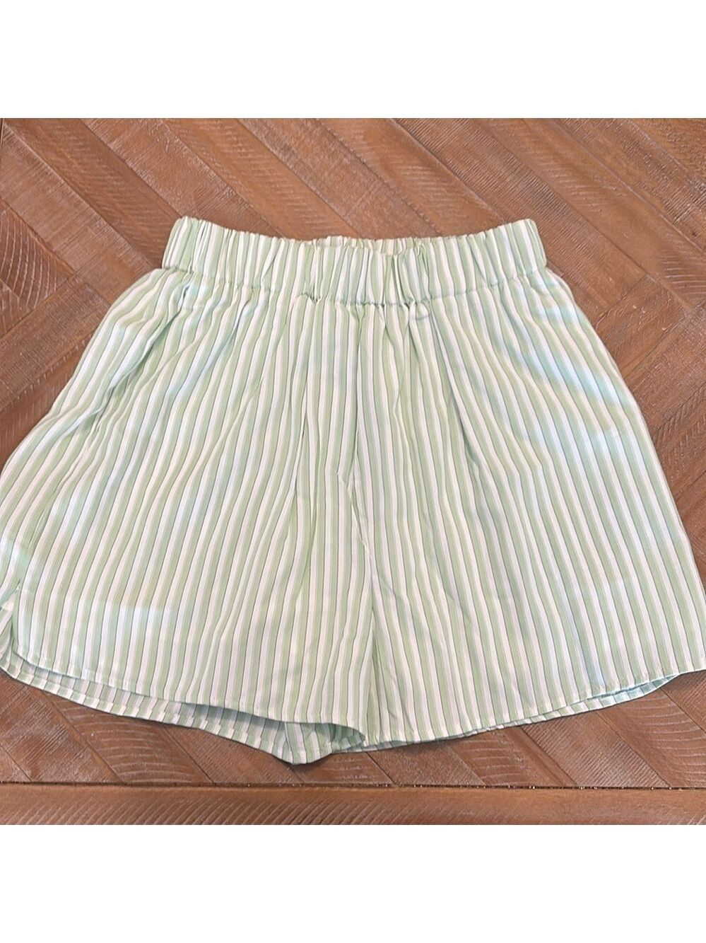 Mable Clothing Pyjama Boxer Style High Rise Elastic Waist Striped Sage Shorts